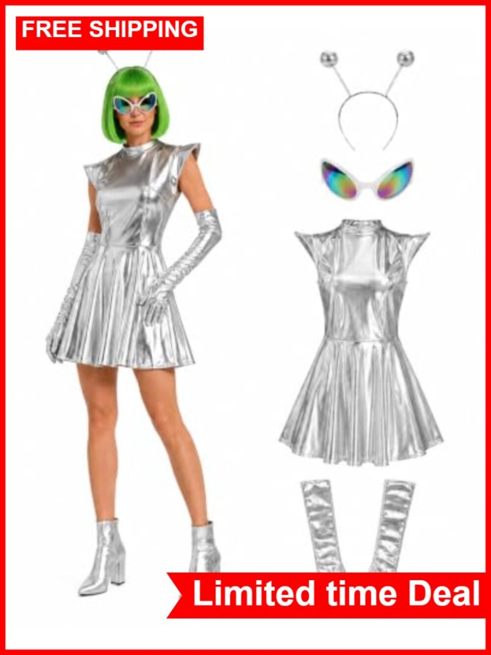 Silver Metallic Alien Costume Dress with Gloves Headband Glasses 4pc Set